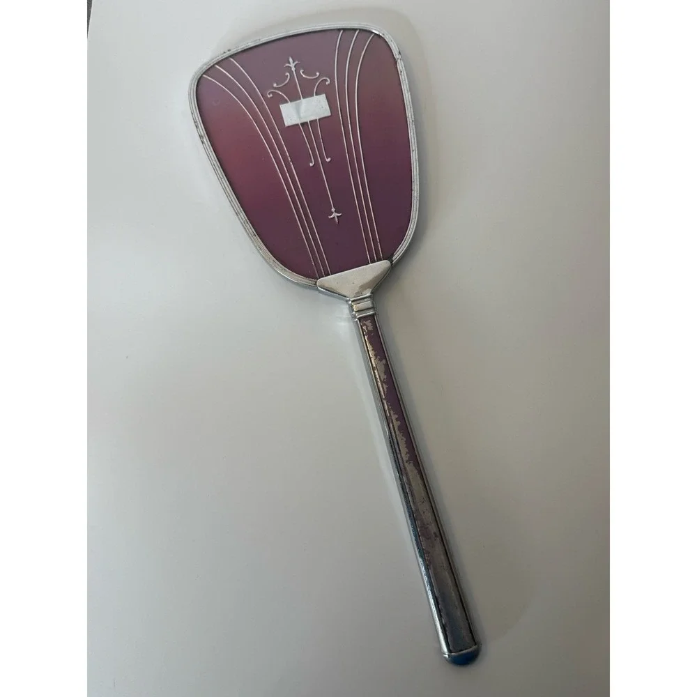 Vintage Art Deco Golden Wheel Hand Mirror 1930s Mauve Lavender Vanity Mirror 13